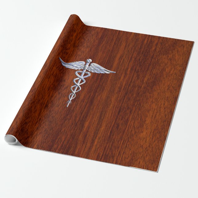Chrome Like Caduceus Medical Symbol Mahogany Brown Wrapping Paper (Unrolled)