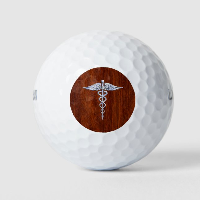 Chrome Like Caduceus Medical Symbol Mahogany Decor Golf Balls (Front)