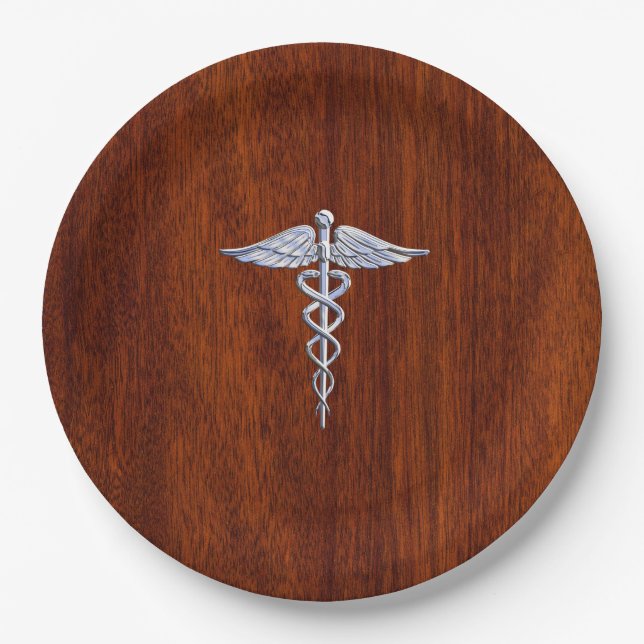 Chrome Like Caduceus Medical Symbol Mahogany Print Paper Plate (Front)
