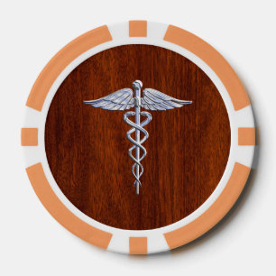 Chrome Like Caduceus Medical Symbol Mahogany Print Poker Chips