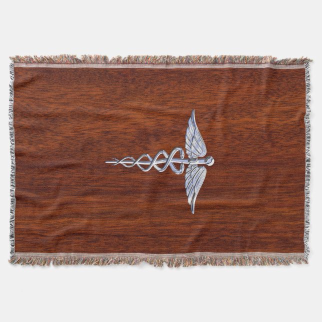 Chrome Like Caduceus Medical Symbol Mahogany Style Throw Blanket (Front)