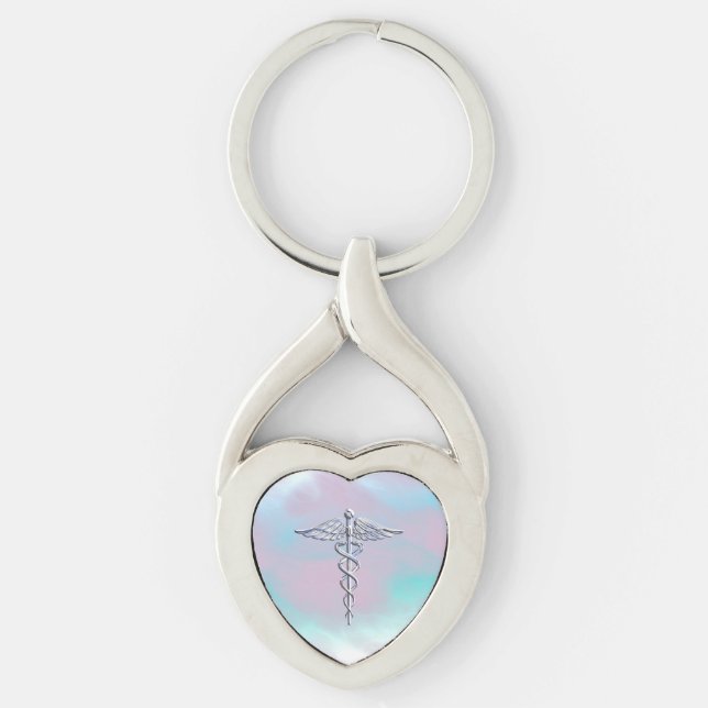 Chrome Like Caduceus Medical Symbol Mother Pearl D Key Ring (Front)