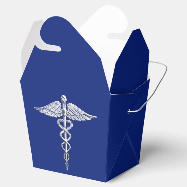 Chrome Like Caduceus Medical Symbol on Blue Decor Favour Box (Opened)