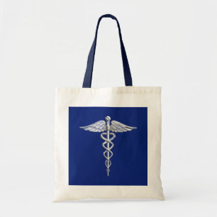 Chrome Like Caduceus Medical Symbol on Blue Decor Tote Bag