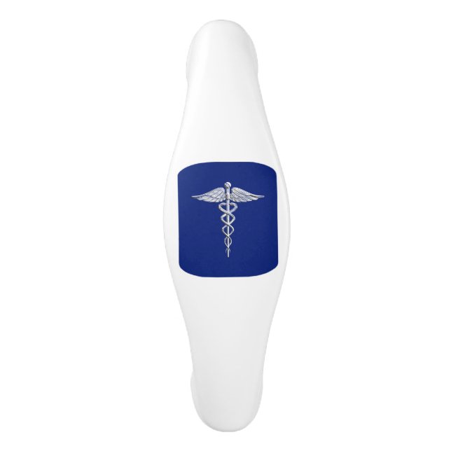 Chrome Like Caduceus Medical Symbol on Navy Blue Ceramic Cabinet Pull (Front)