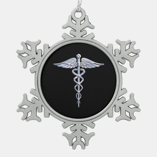 Chrome Like Caduceus Medical Symbol Snowflake Pewter Christmas Ornament (Front)