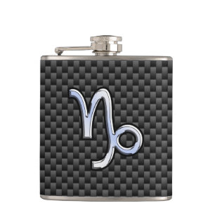 Chrome like Capricorn Sign Black Carbon Fiber Hip Flask
