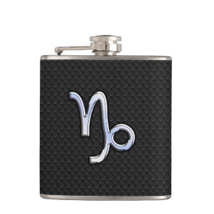 Chrome like Capricorn Zodiac Symbol on Snake Skin Hip Flask