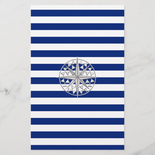 Chrome Like Compass on Nautical Stripes Stationery (Front)
