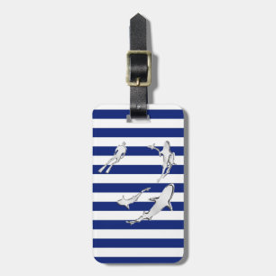 Chrome Like Diver and Sharks on Nautical Stripes Luggage Tag