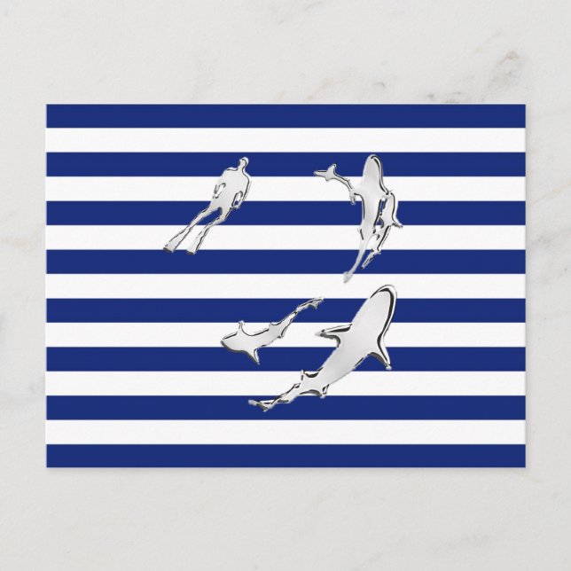 Chrome Like Diver and Sharks on Nautical Stripes Postcard (Front)