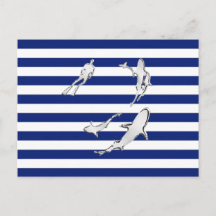 Chrome Like Diver and Sharks on Nautical Stripes Postcard