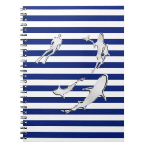 Chrome Like Diver and Sharks on Nautical Stripes Spiral Notebook