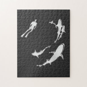 Chrome Like Diver with Sharks on Carbon Fibre Jigsaw Puzzle