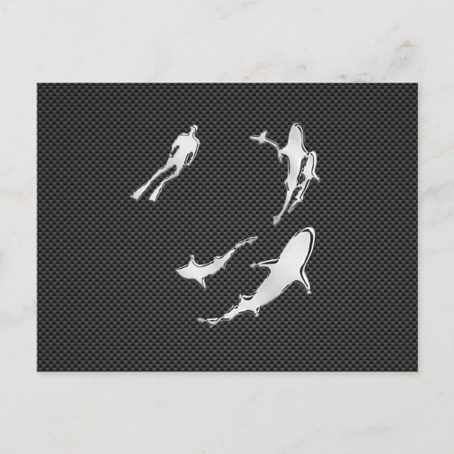 Chrome Like Diver with Sharks on Carbon Fibre Postcard (Front)