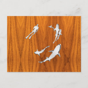 Chrome Like Diver with Sharks on Teak Veneer Postcard