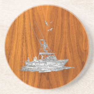 Chrome Like Fishing Boat on Teak Wood Coaster