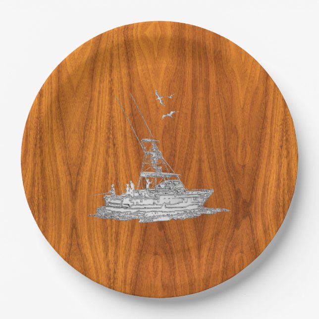 Chrome Like Fishing Boat on Teak Wood Paper Plate (Front)