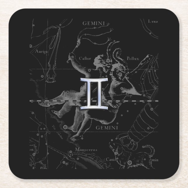 Chrome like Gemini Zodiac Sign on Hevelius 1690 Square Paper Coaster (Front)