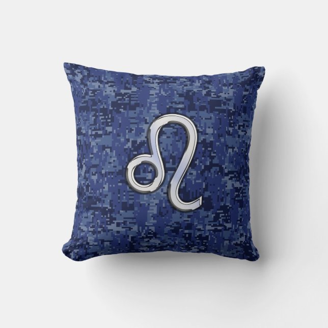 Chrome Like Leo Sign on Navy Blue Digital Camo Cushion (Front)