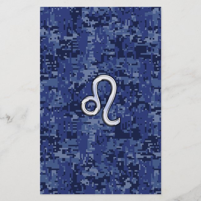 Chrome Like Leo Sign on Navy Blue Digital Camo Stationery (Front)