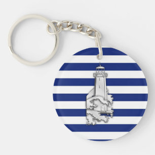 Chrome Like Lighthouse on Nautical Stripes Key Ring