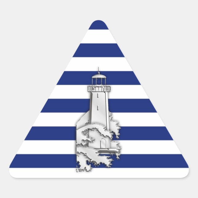 Chrome Like Lighthouse on Nautical Stripes Triangle Sticker (Front)