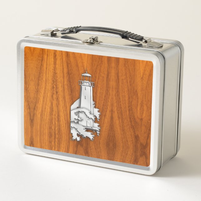 Chrome Like Lighthouse on Teak Wood Metal Lunch Box (Front)
