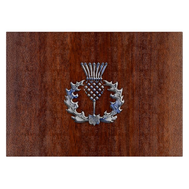 Chrome Like Mahogany Wood Grain Scottish Thistle Cutting Board (Front)