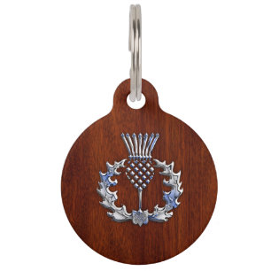 Chrome Like Mahogany Wood Grain Scottish Thistle Pet Tag