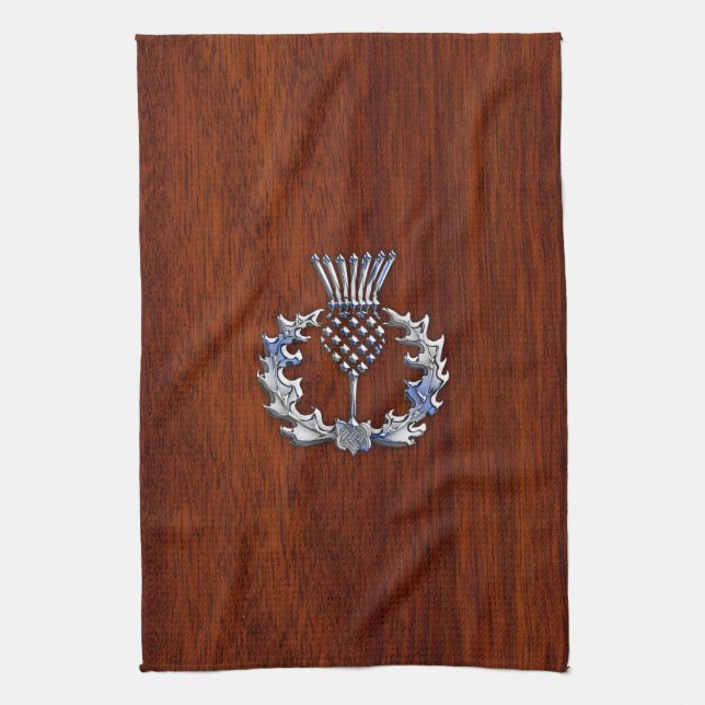 Chrome Like Mahogany Wood Grain Scottish Thistle Tea Towel (Vertical)