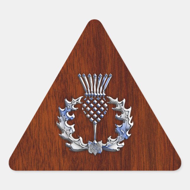 Chrome Like Mahogany Wood Grain Scottish Thistle Triangle Sticker (Front)