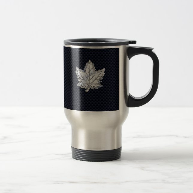 Chrome Like Maple Leaf Carbon Fibre Print Travel Mug (Right)