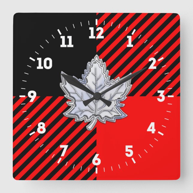 Chrome Like Maple Leaf on Buffalo Check on a Square Wall Clock (Front)