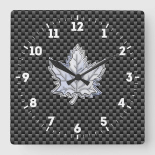 Chrome Like Maple Leaf on Carbon Fibre black on a Square Wall Clock