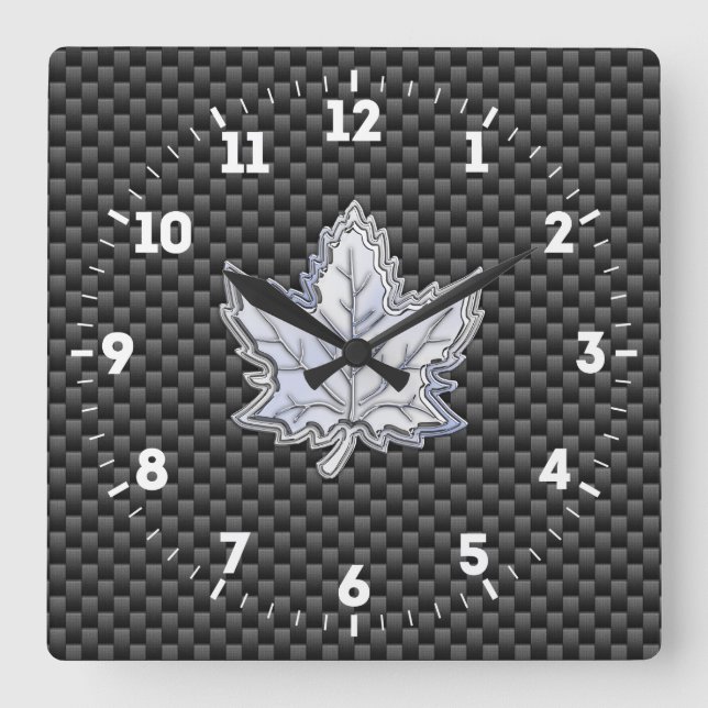 Chrome Like Maple Leaf on Carbon Fibre black on a Square Wall Clock (Front)