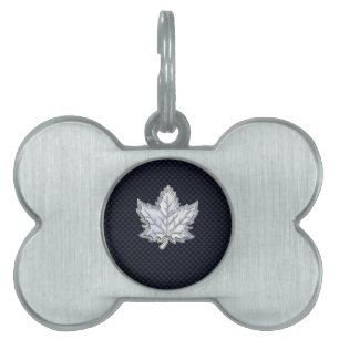 Chrome Like Maple Leaf on Carbon Fibre black Pet Name Tag