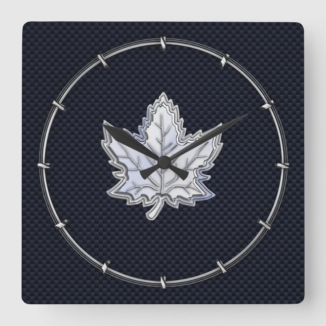 Chrome Like Maple Leaf on Carbon Fibre black Square Wall Clock (Front)