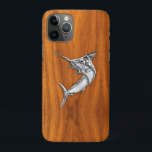 Chrome Like Marlin on Teak Wood Grain Decor iPhone 11 Pro Case<br><div class="desc">A silver chrome like marlin fish applique design on a teak wood style background decor. A racy modern nautical skin gift. 
 




 
Use the "Ask this Designer" link to contact us with your special design requests or for some assistance with any of your customisation needs.</div>