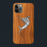 Chrome Like Marlin on Teak Wood Grain Decor iPhone 11 Pro Case<br><div class="desc">A silver chrome like marlin fish applique design on a teak wood style background decor. A racy modern nautical skin gift. 
 




 
Use the "Ask this Designer" link to contact us with your special design requests or for some assistance with any of your customisation needs.</div>
