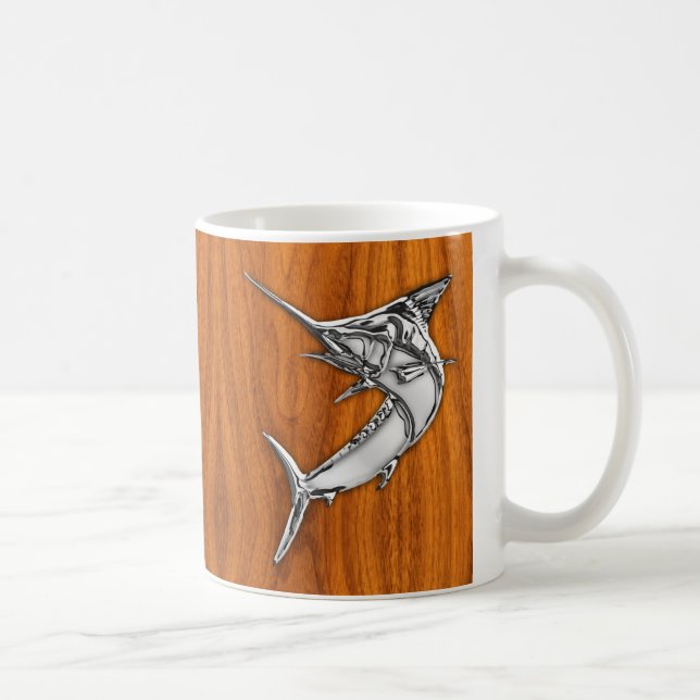Chrome Like Marlin on Teak Wood Grain Decor Coffee Mug (Right)