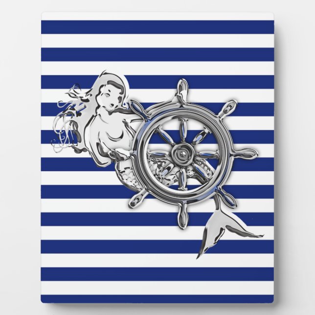 Chrome Like Mermaid on Nautical Stripes Plaque (Front)