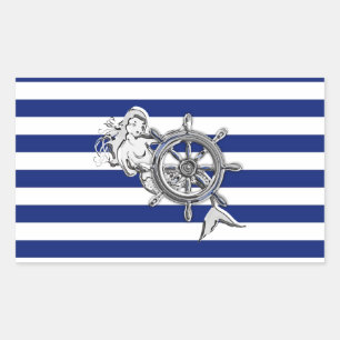 Chrome Like Mermaid on Nautical Stripes Rectangular Sticker