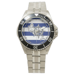 Chrome Like Mermaid on Nautical Stripes Watch