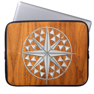 Chrome Like Nautical Compass on Teak Veneer Decor Laptop Sleeve