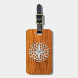 Chrome Like Nautical Compass Star on Teak Veneer Luggage Tag