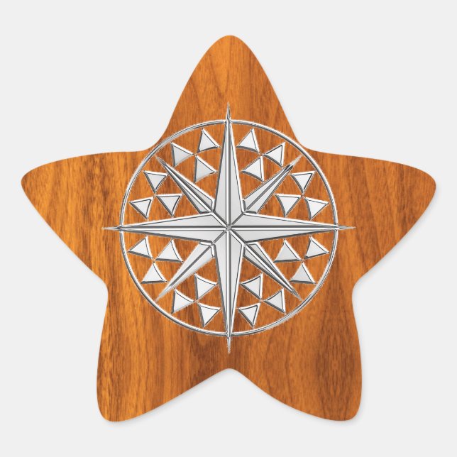 Chrome Like Nautical Compass Star on Teak Veneer Star Sticker (Front)