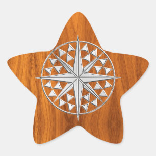 Chrome Like Nautical Compass Star on Teak Veneer Sticker