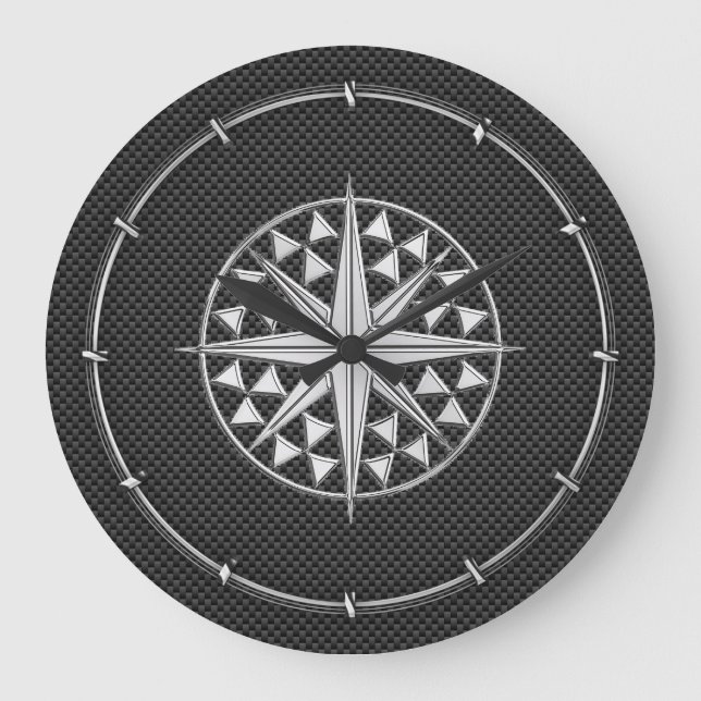 Chrome Like Nautical Star Compass on Carbon Fibre Large Clock (Front)