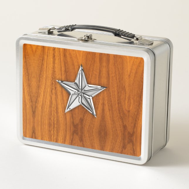 Chrome Like Nautical Star on Teak Decor Metal Lunch Box (Front)